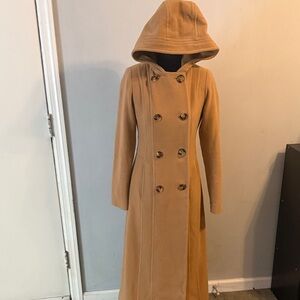 Anne Klein Tan Hooded Double-Breasted Coat